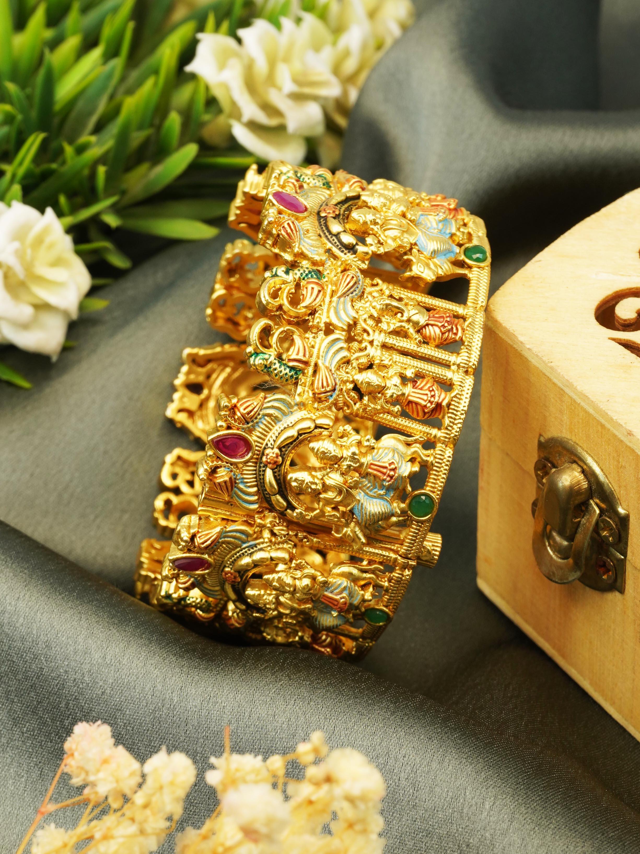 Gold Plated adjustable Rajwadi Kada Bangle with  Kemp Stones