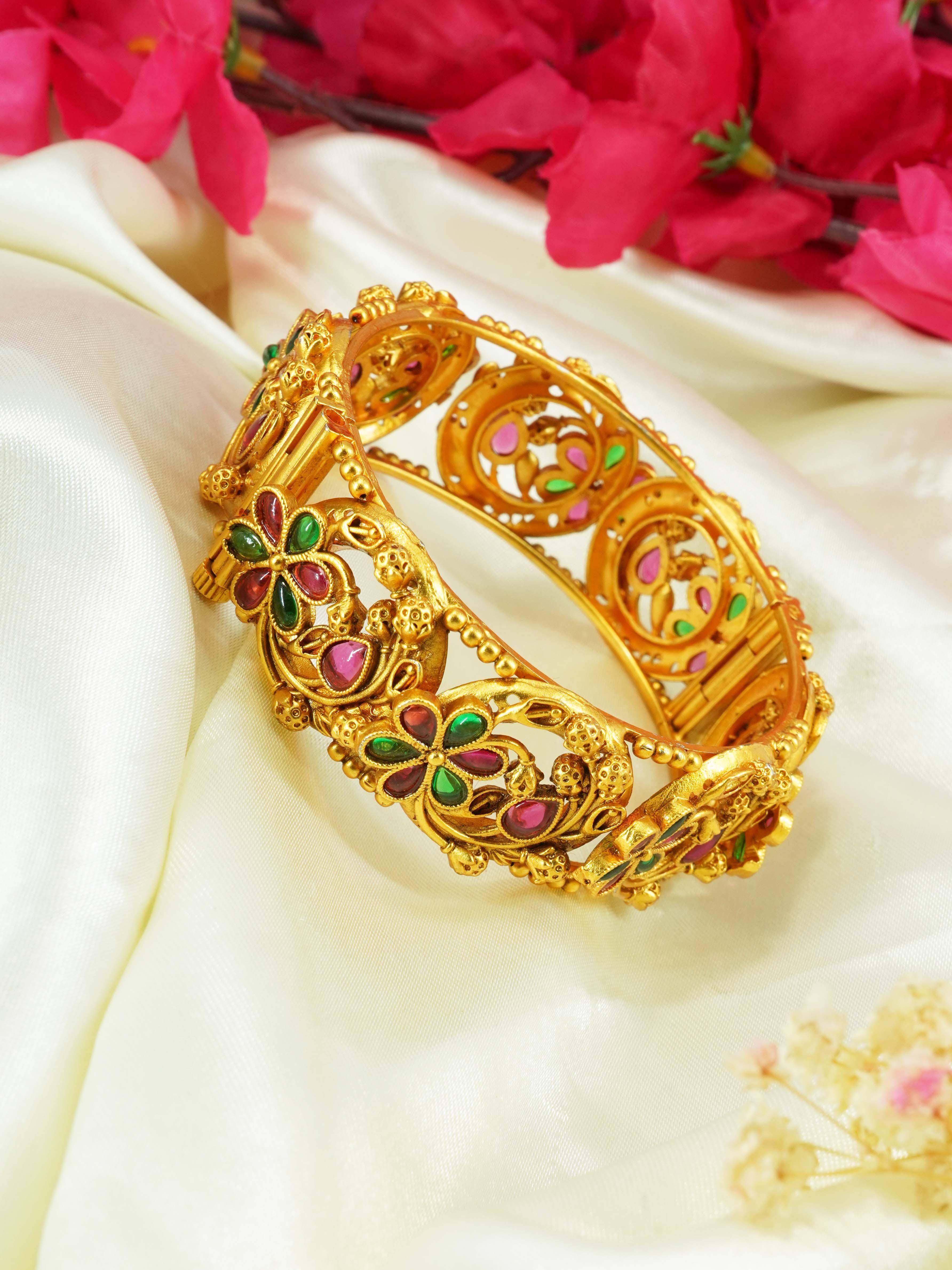 Gold Plated adjustable Rajwadi Kada Bangle with  Kemp Stones