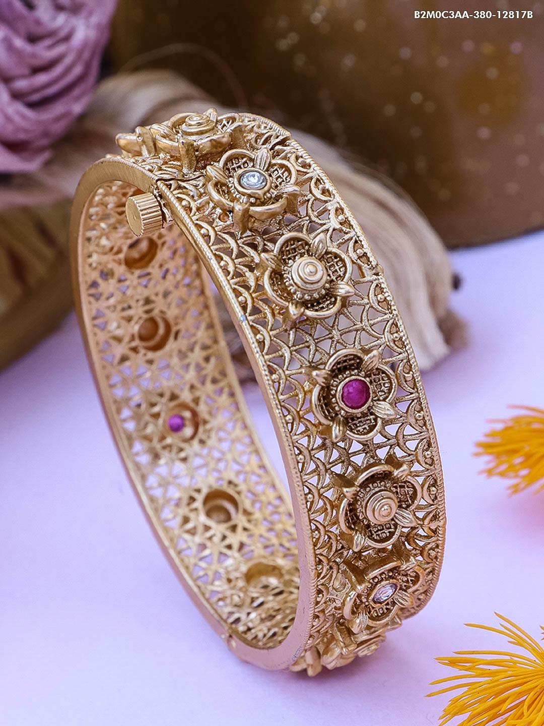 Gold Plated adjustable Rajwadi Kada Bangle with  Kemp Stones