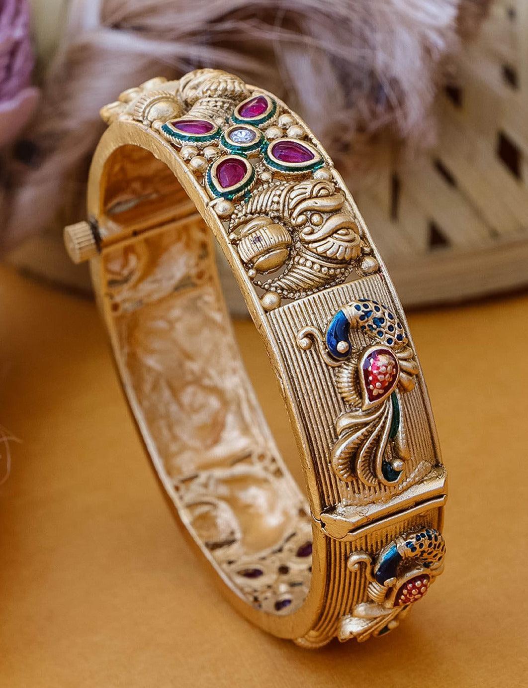 Gold Plated adjustable Rajwadi Kada Bangle with screw - Griiham