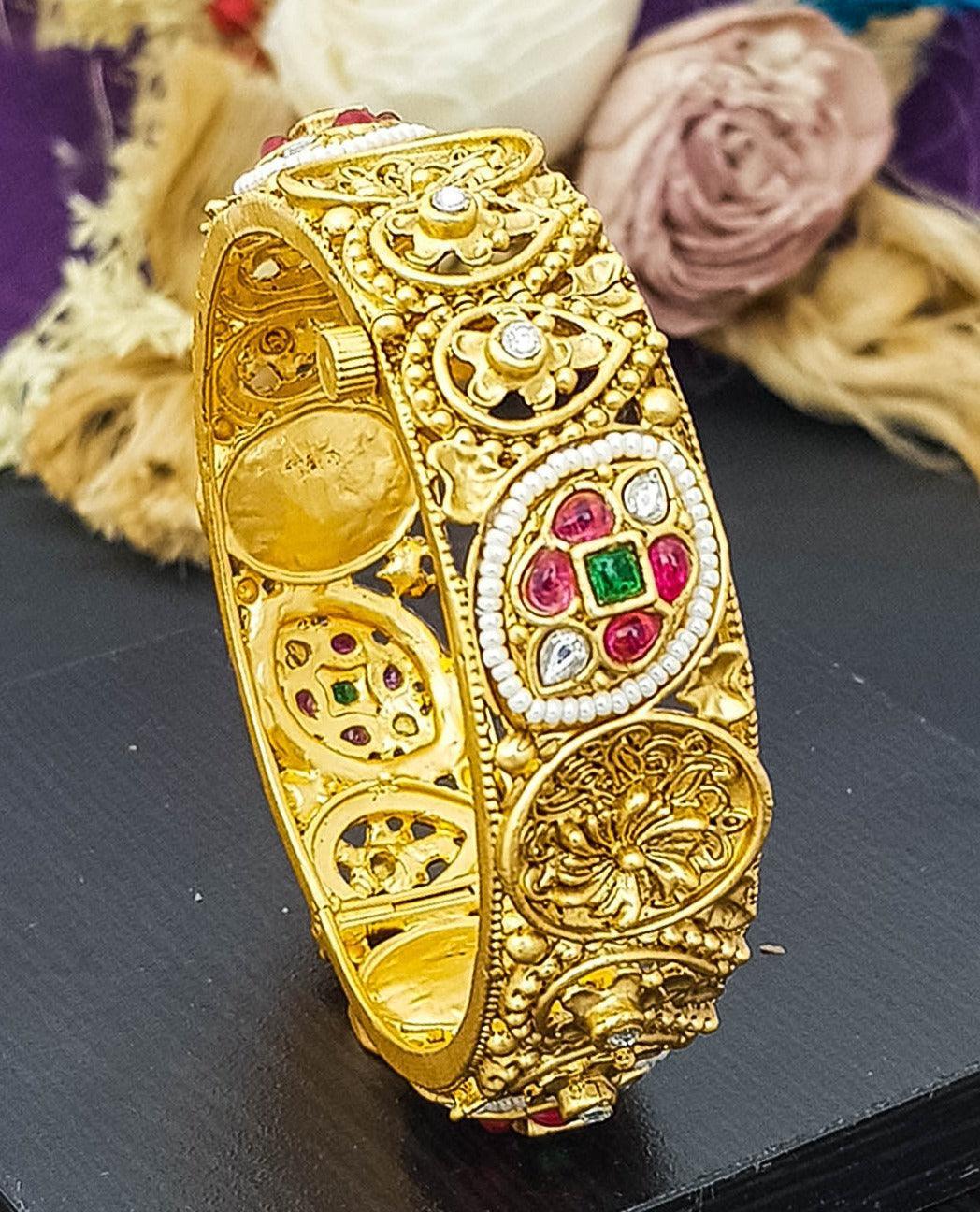 Gold Plated adjustable Rajwadi Kada Bangle with screw - Griiham