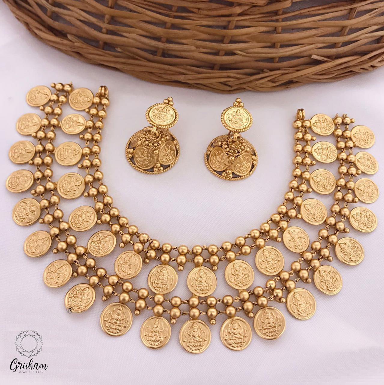 Gold Plated coin pattern 2 layer Designer Necklace with Laxm