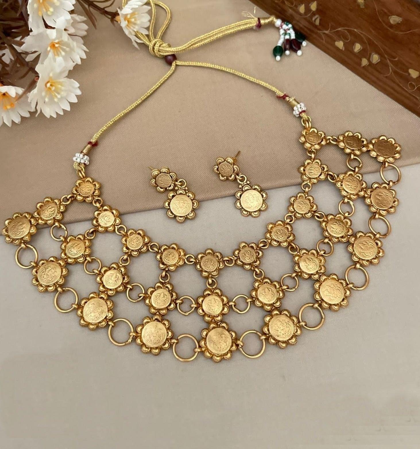 Gold Plated coin pattern 3 layer Designer Necklace with Laxmi