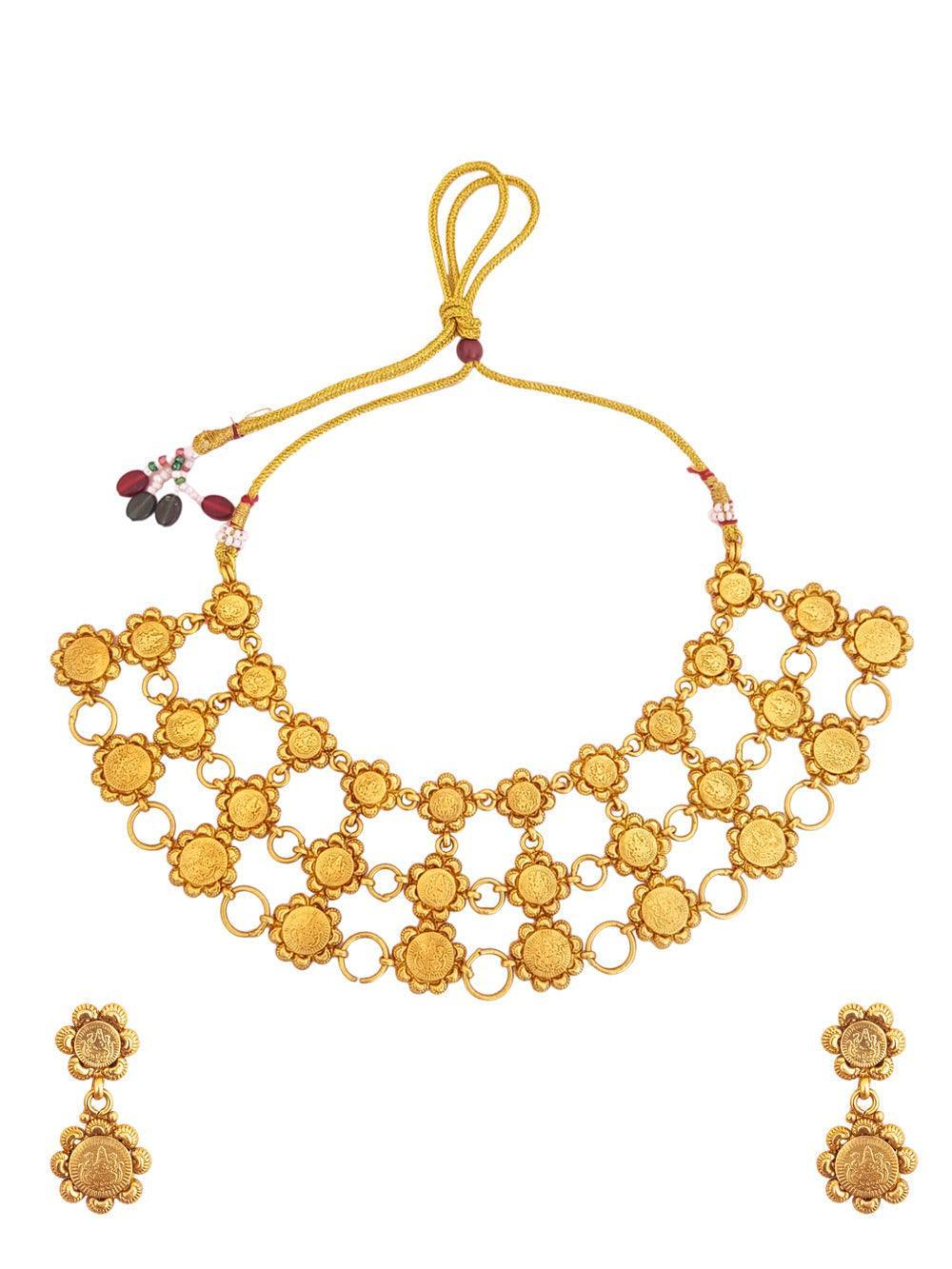 Gold Plated coin pattern 3 layer Designer Necklace with Laxmi - Griiham