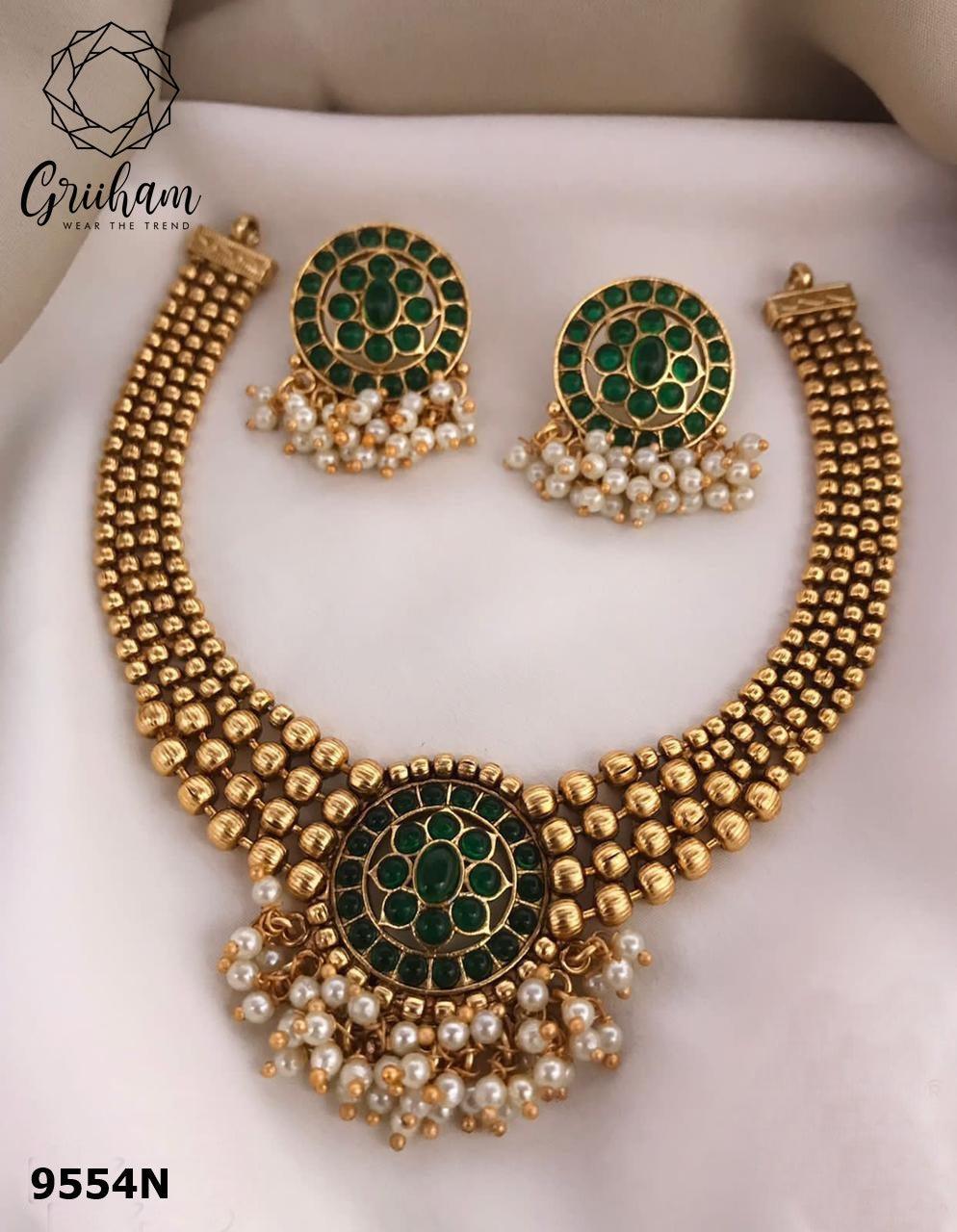 Gold Plated colored stone ball Necklace set 9554N - Griiham