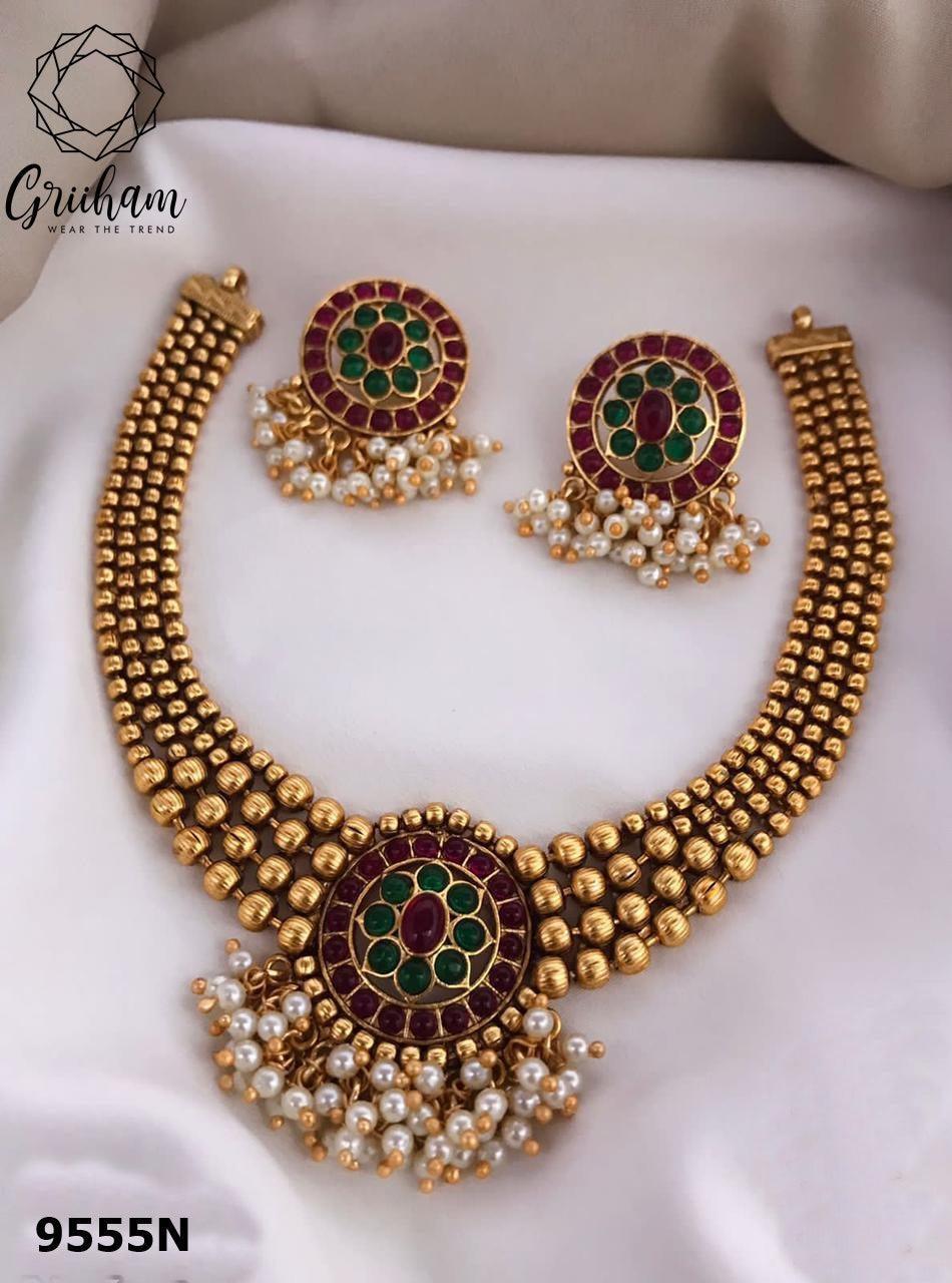 Gold Plated colored stone ball Necklace set 9554N - Griiham