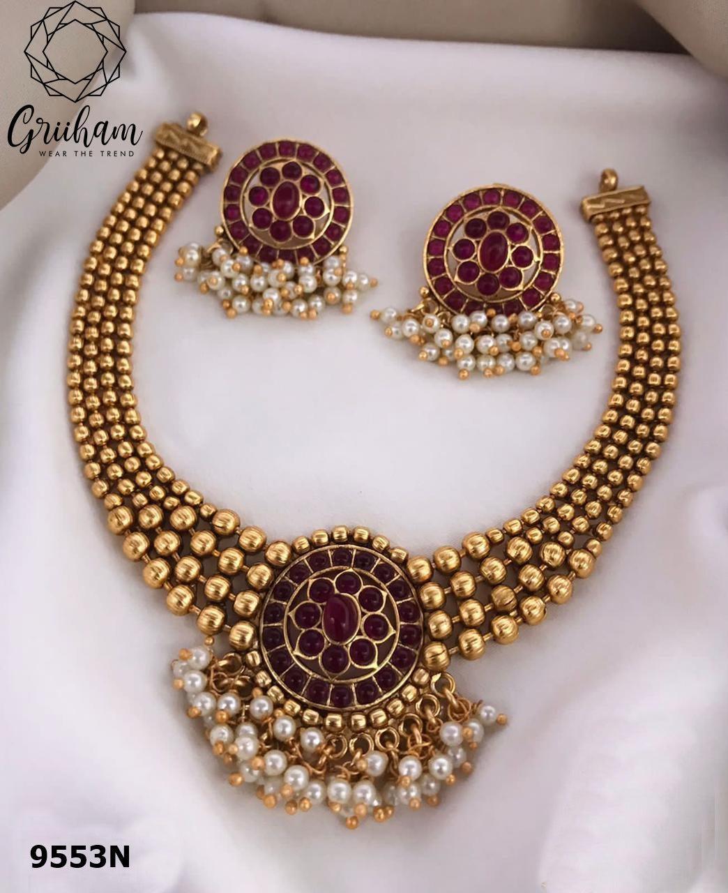 Gold Plated colored stone ball Necklace set 9554N - Griiham