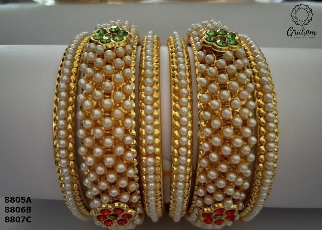 Gold Plated great finish Two Broad 4 thin Set of 6 bangles with pearls studded 8805A - Griiham