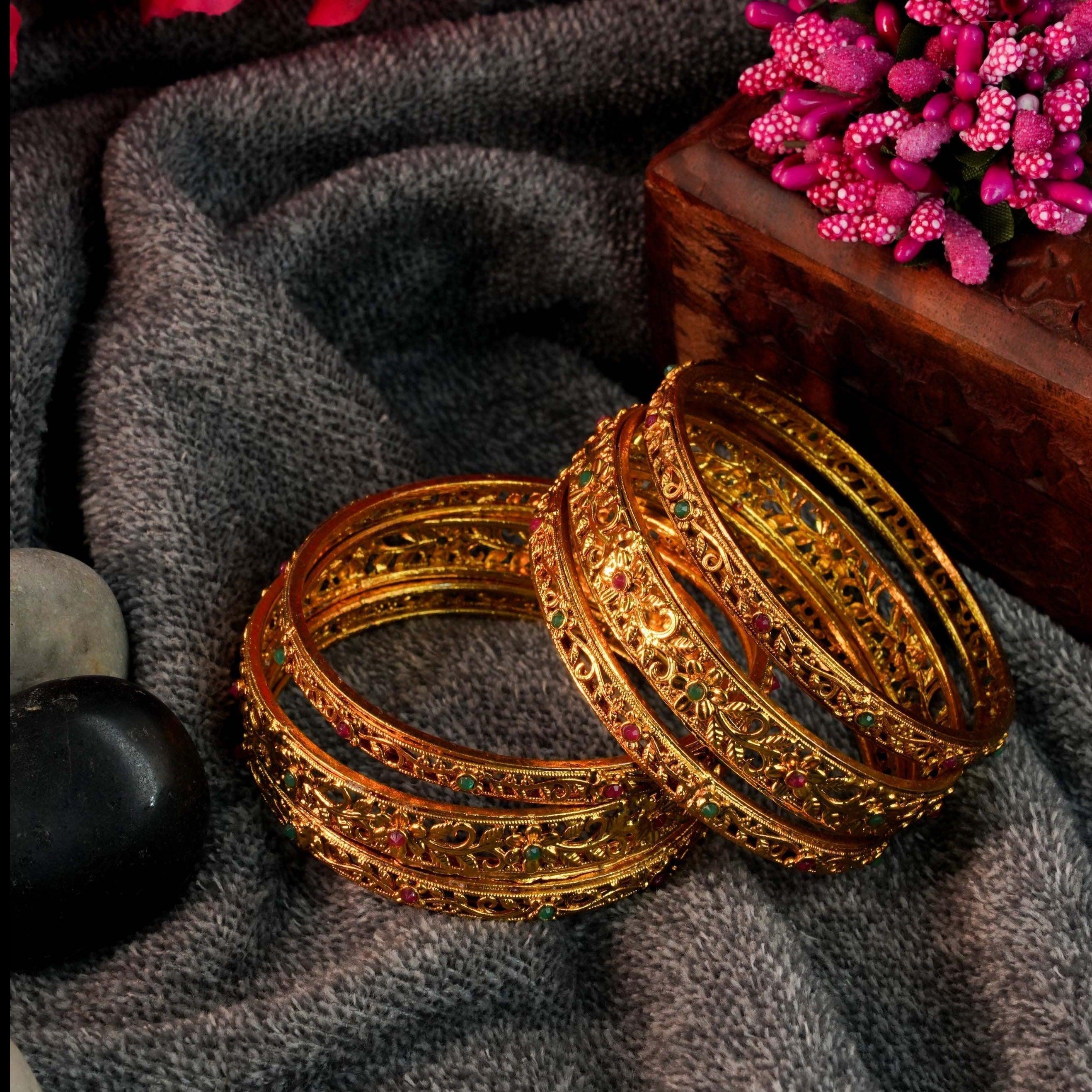 Gold Plated set of 6 Multicolor AD bangles - Griiham