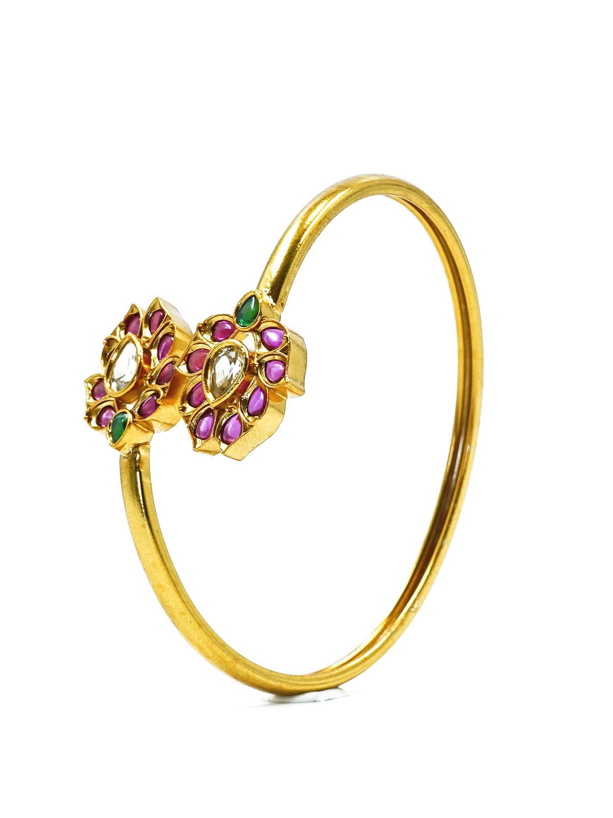 Gold Plated single adjustable spring designer Bangle/Kada Floral motif 10622N - Griiham