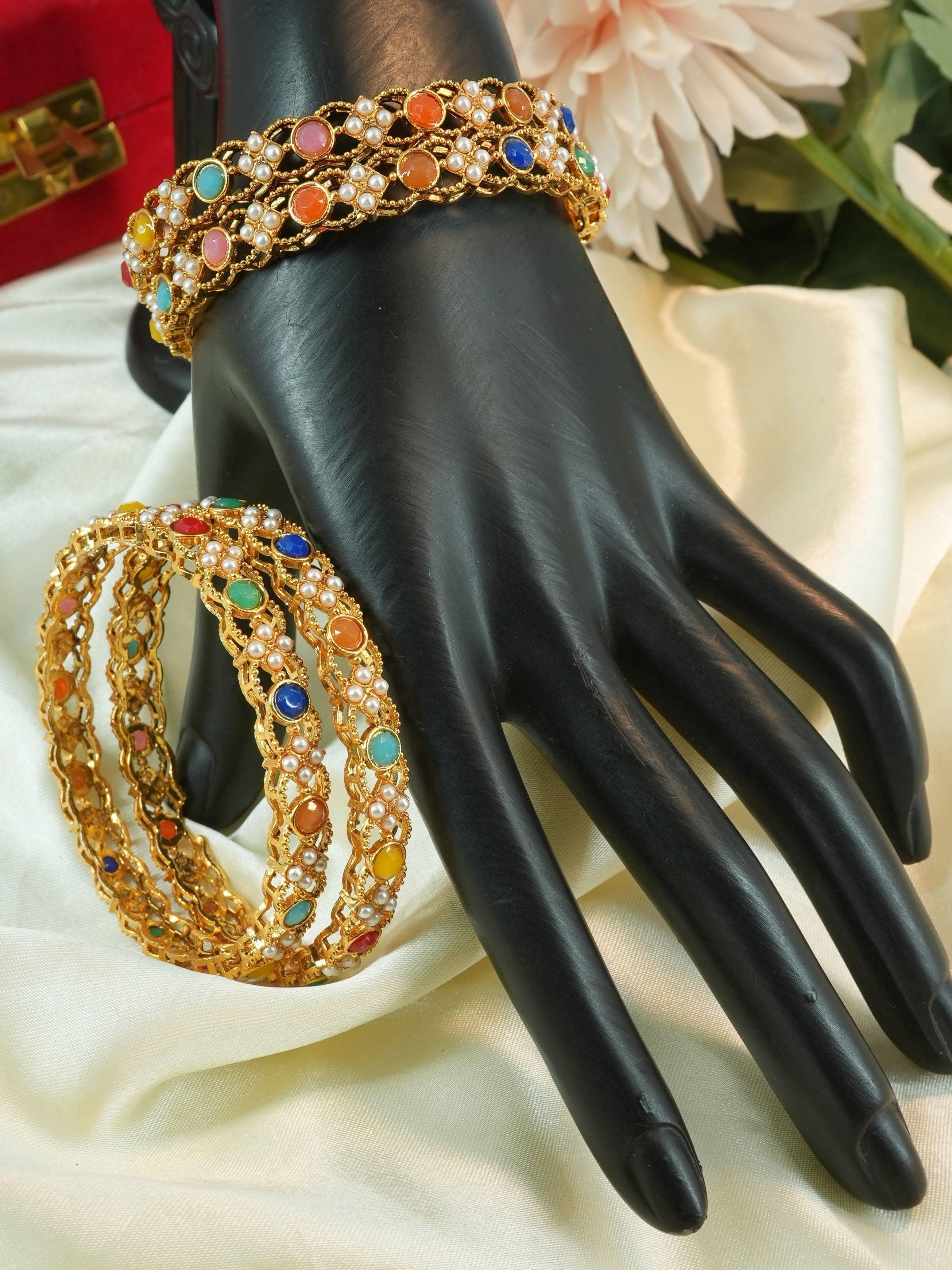 Gold Plated studded set of 4 Multicolor bangles - Griiham