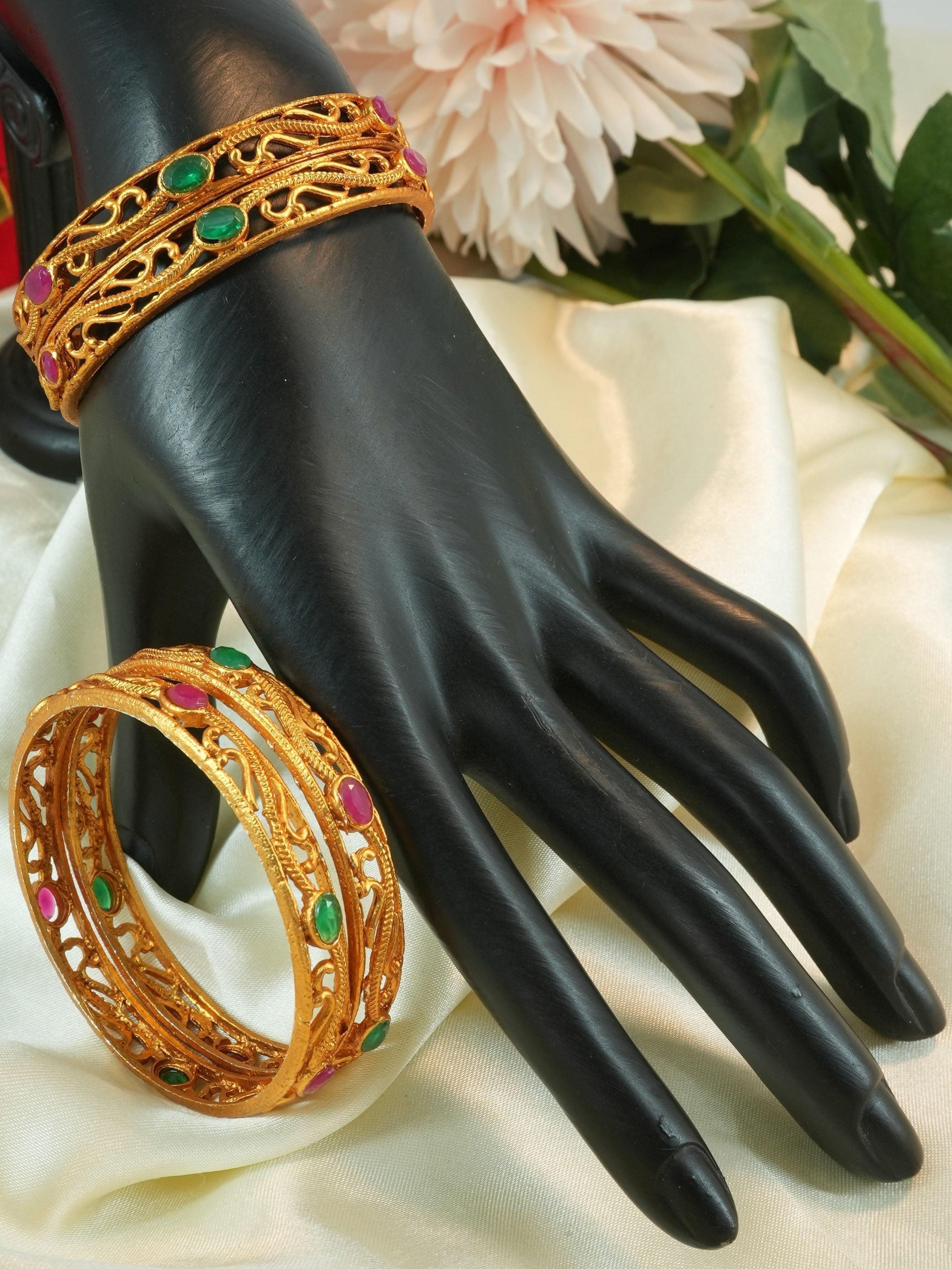 Gold Plated studded set of 4 Multicolor bangles - Griiham