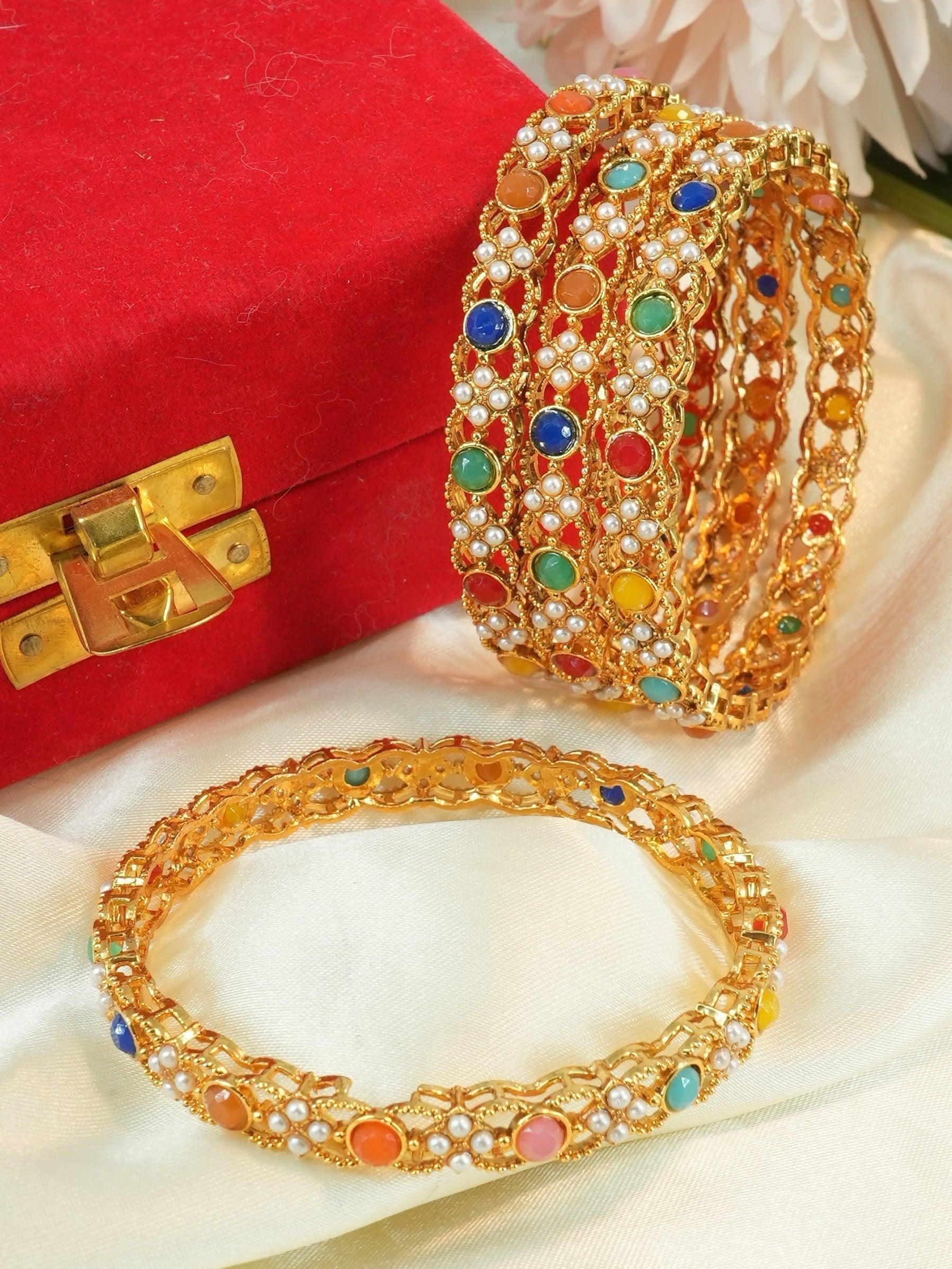 Gold Plated studded set of 4 Multicolor bangles