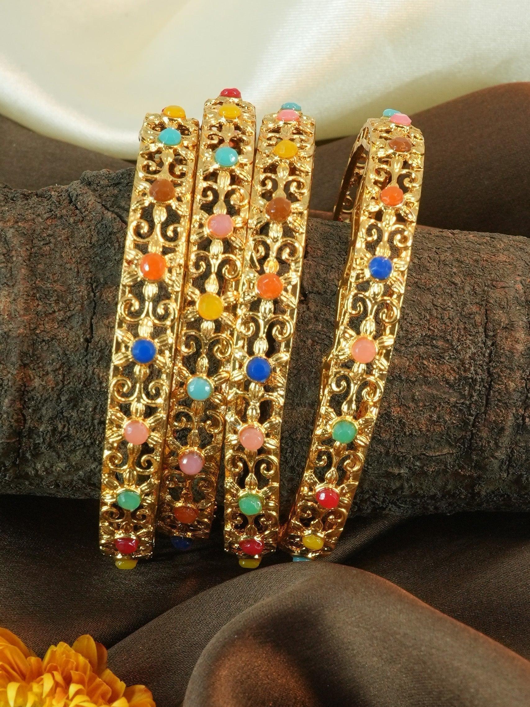 Gold Plated studded set of 4 Multicolor bangles