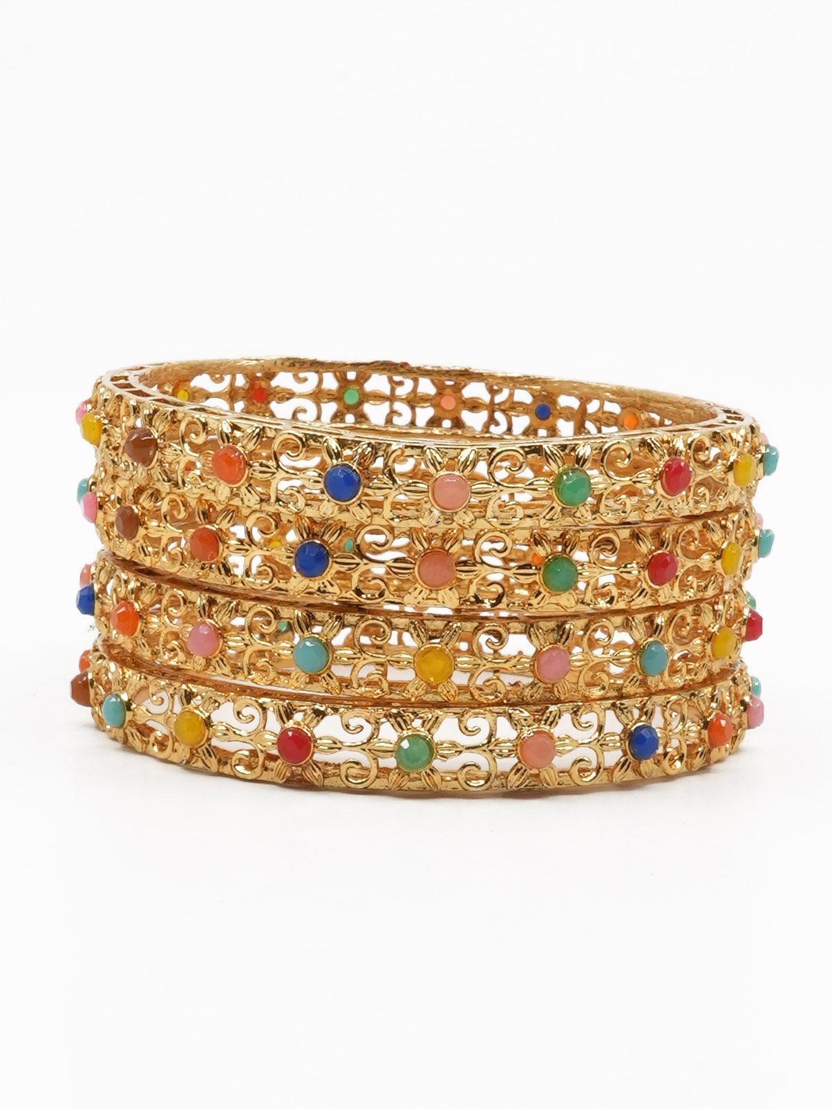 Gold Plated studded set of 4 Multicolor bangles - Griiham