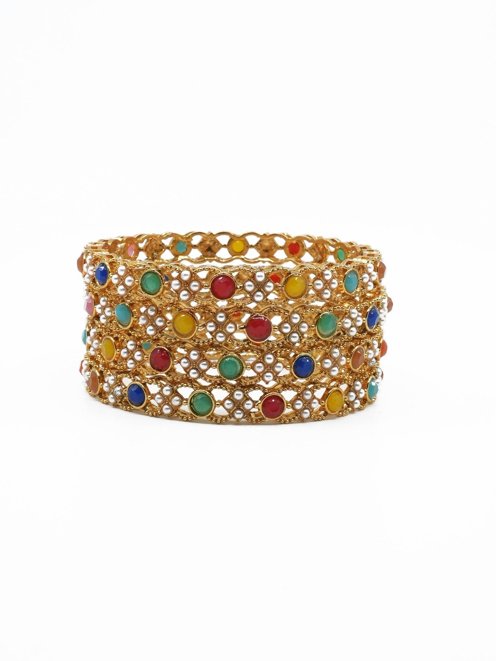 Gold Plated studded set of 4 Multicolor bangles - Griiham