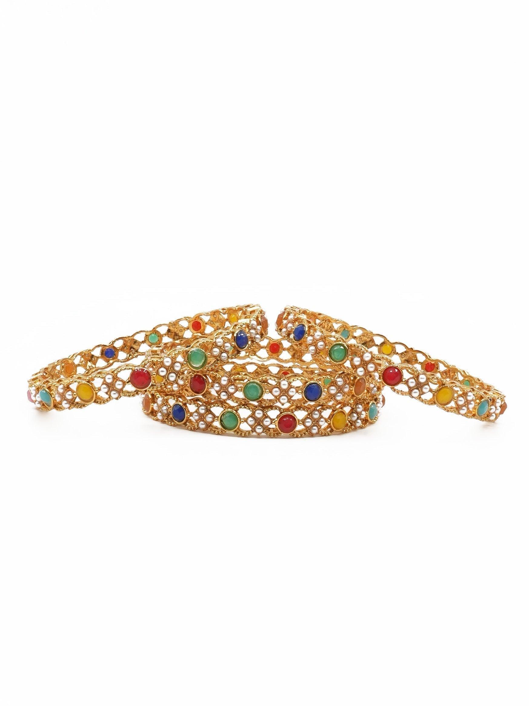 Gold Plated studded set of 4 Multicolor bangles - Griiham