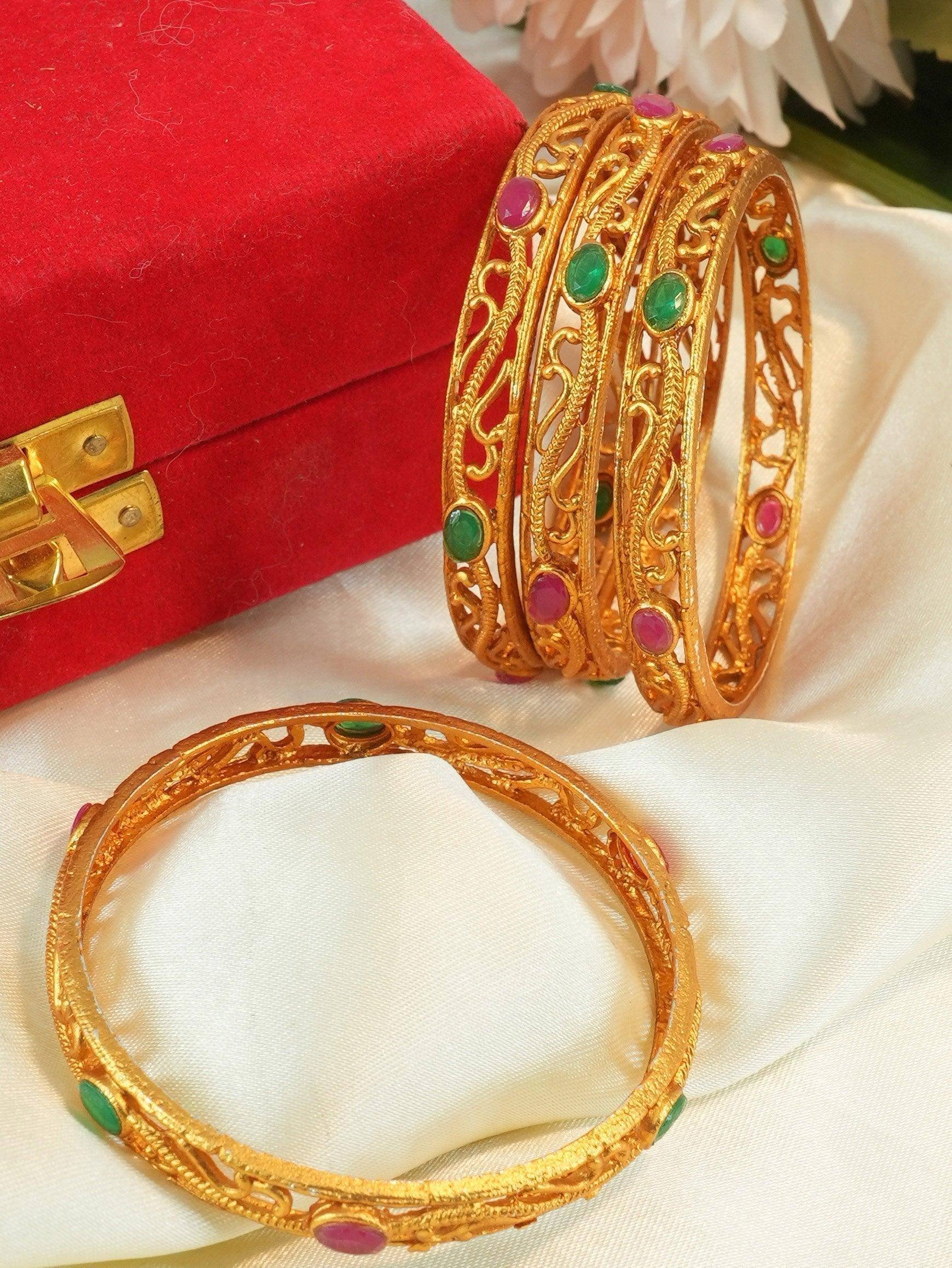 Gold Plated studded set of 4 Multicolor bangles