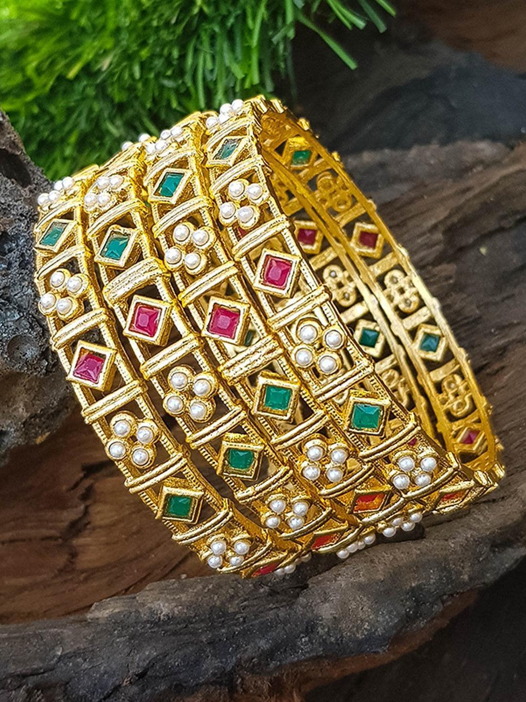 Gold Plated studded set of 4 bangles