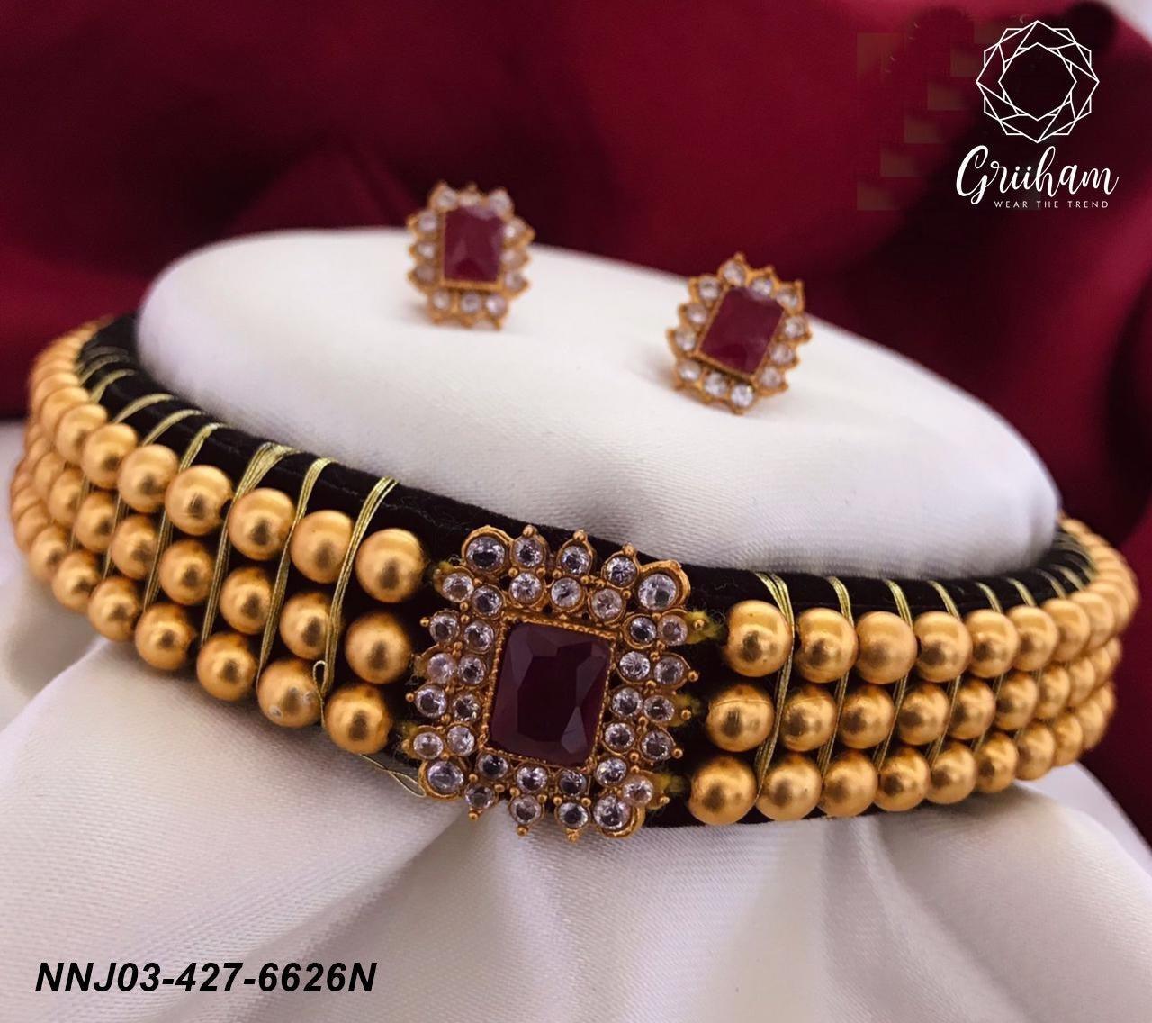 Gold Plated thusi Choker Necklace set with CZ Stone