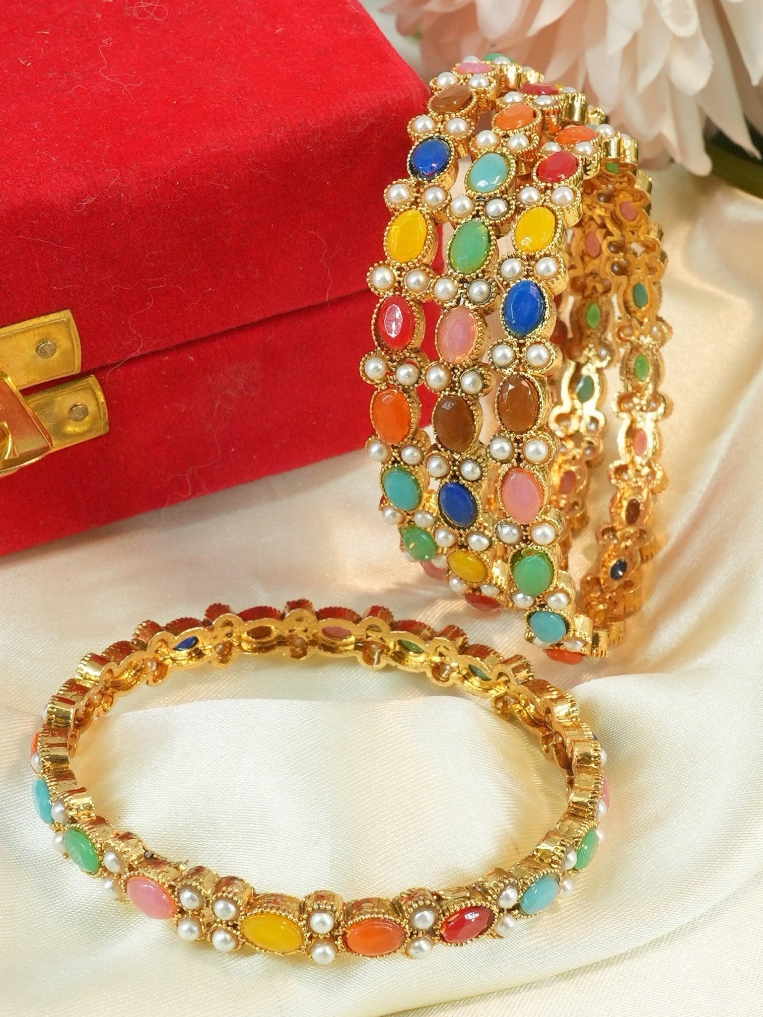 Gold Plated with Multii colour Stones Set of 4 bangles 11540A - Griiham