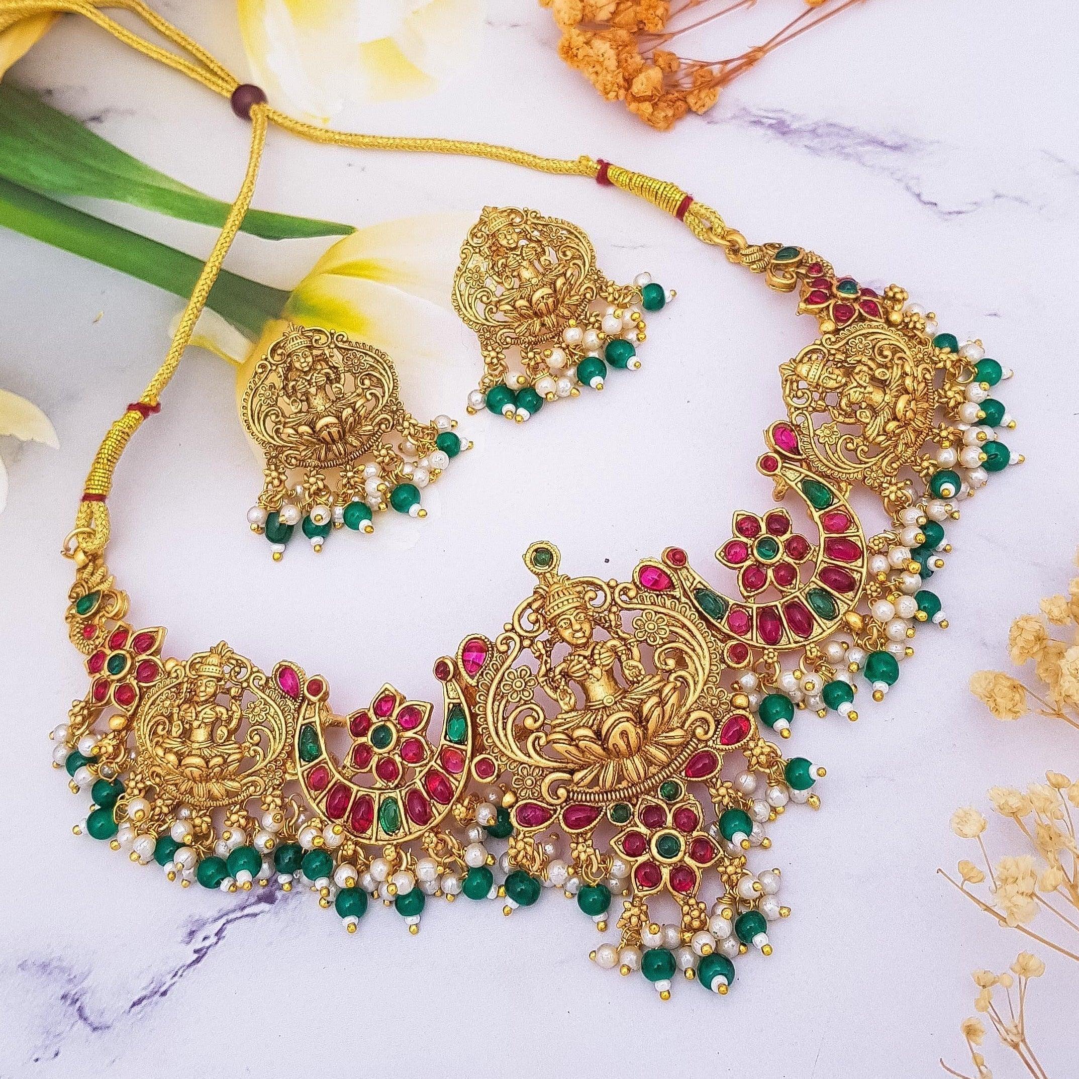 Gold finish Beautiful Laxmi Short Necklace - Griiham