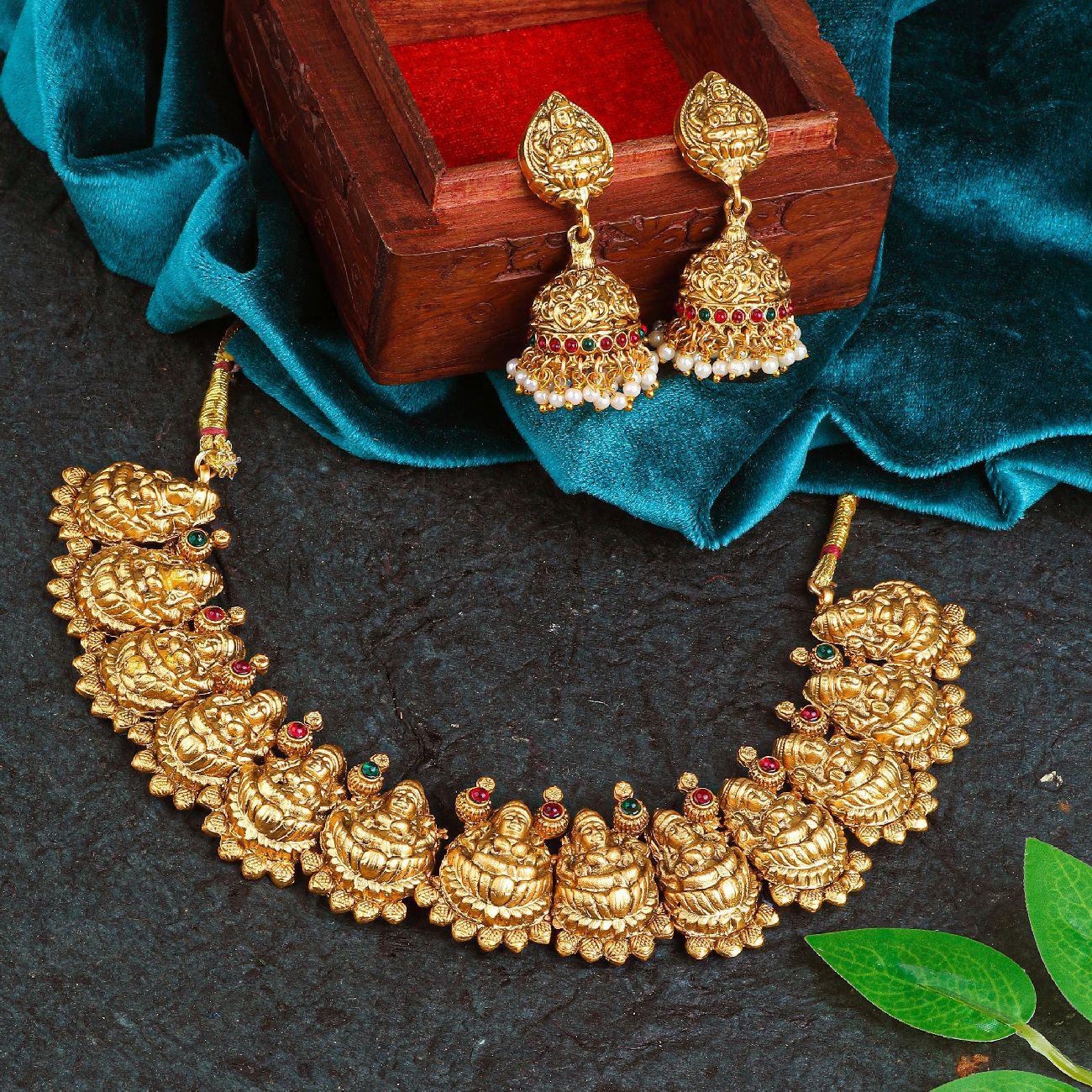 Gold finish Beautiful Laxmi Short Necklace - Griiham