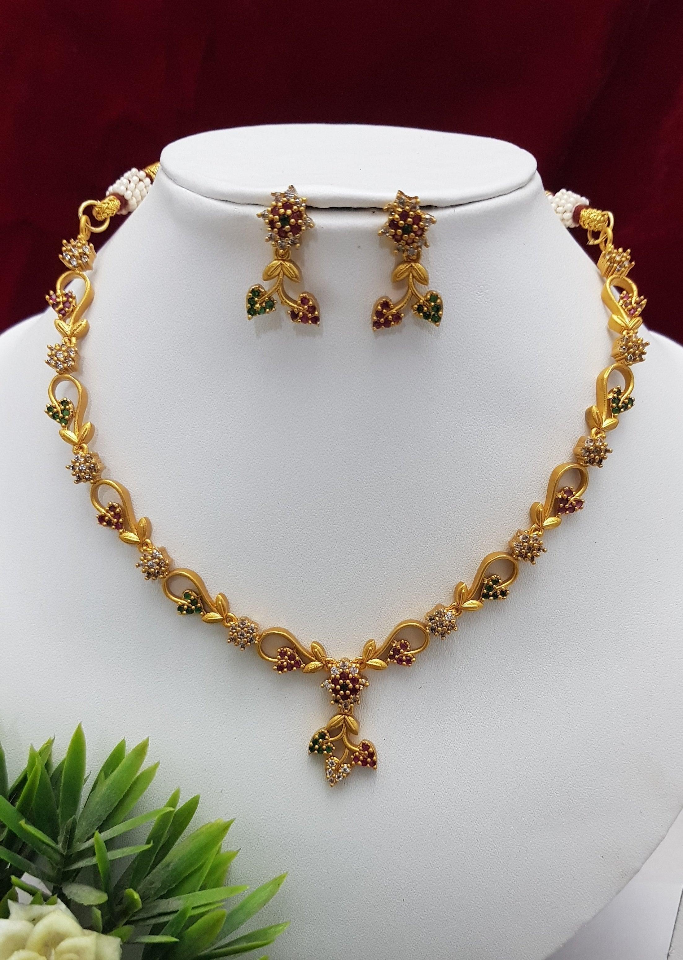 Gold finish Floral pattern cz /Ruby stone necklace set 9412N - Griiham