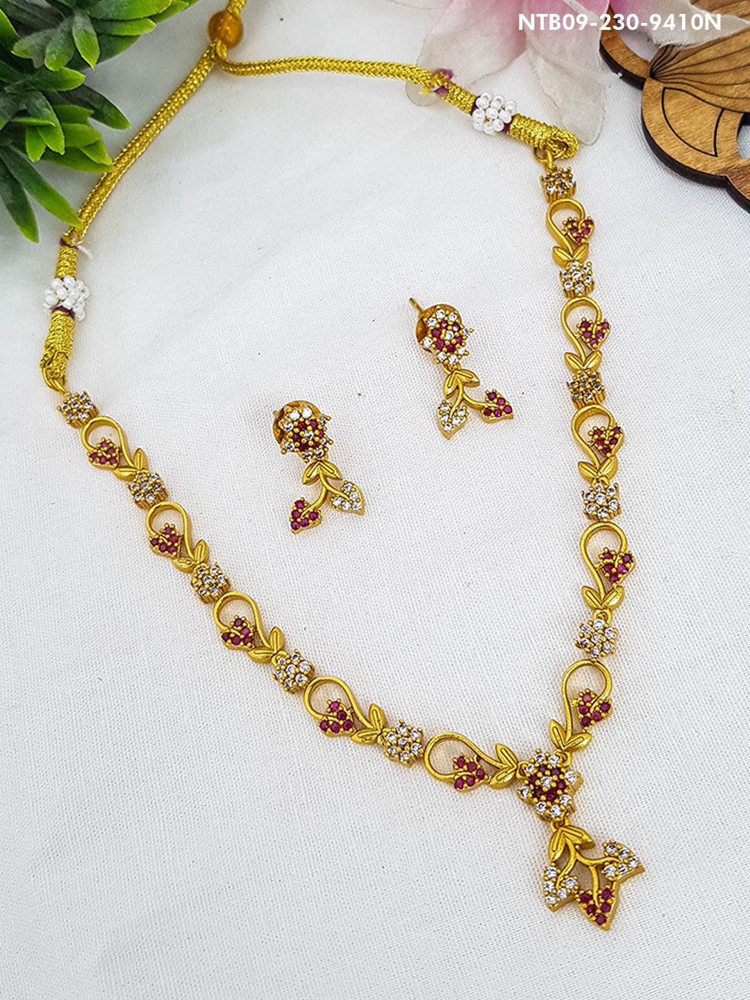 Gold finish Floral pattern cz /Ruby stone necklace set 9412N - Griiham