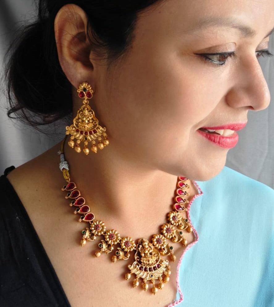 Gold finish Laxmi Short necklace set with Kemp Stones - Griiham