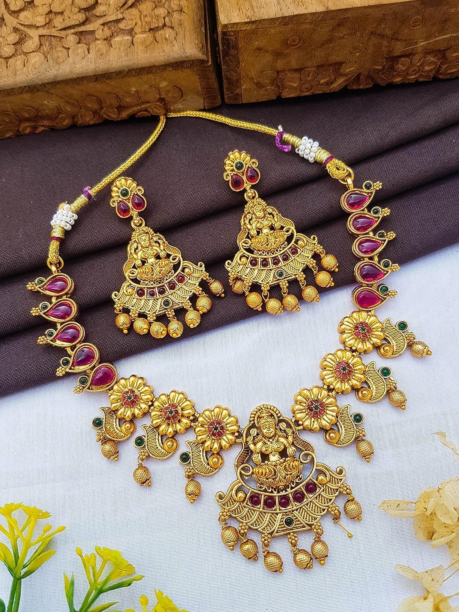 Gold finish Laxmi Short necklace set  with colored kempu stone