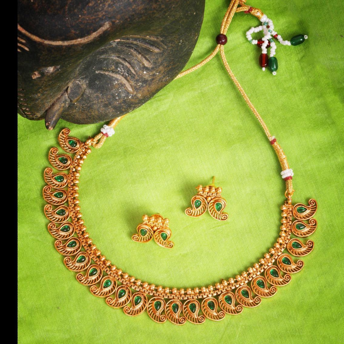 Gold finish Mango Short necklace set with colored kempu stones 8979N - Griiham