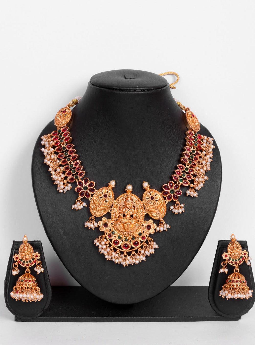 Gold finish short Laxmi necklace set with colored kempu stones 8990N - Griiham