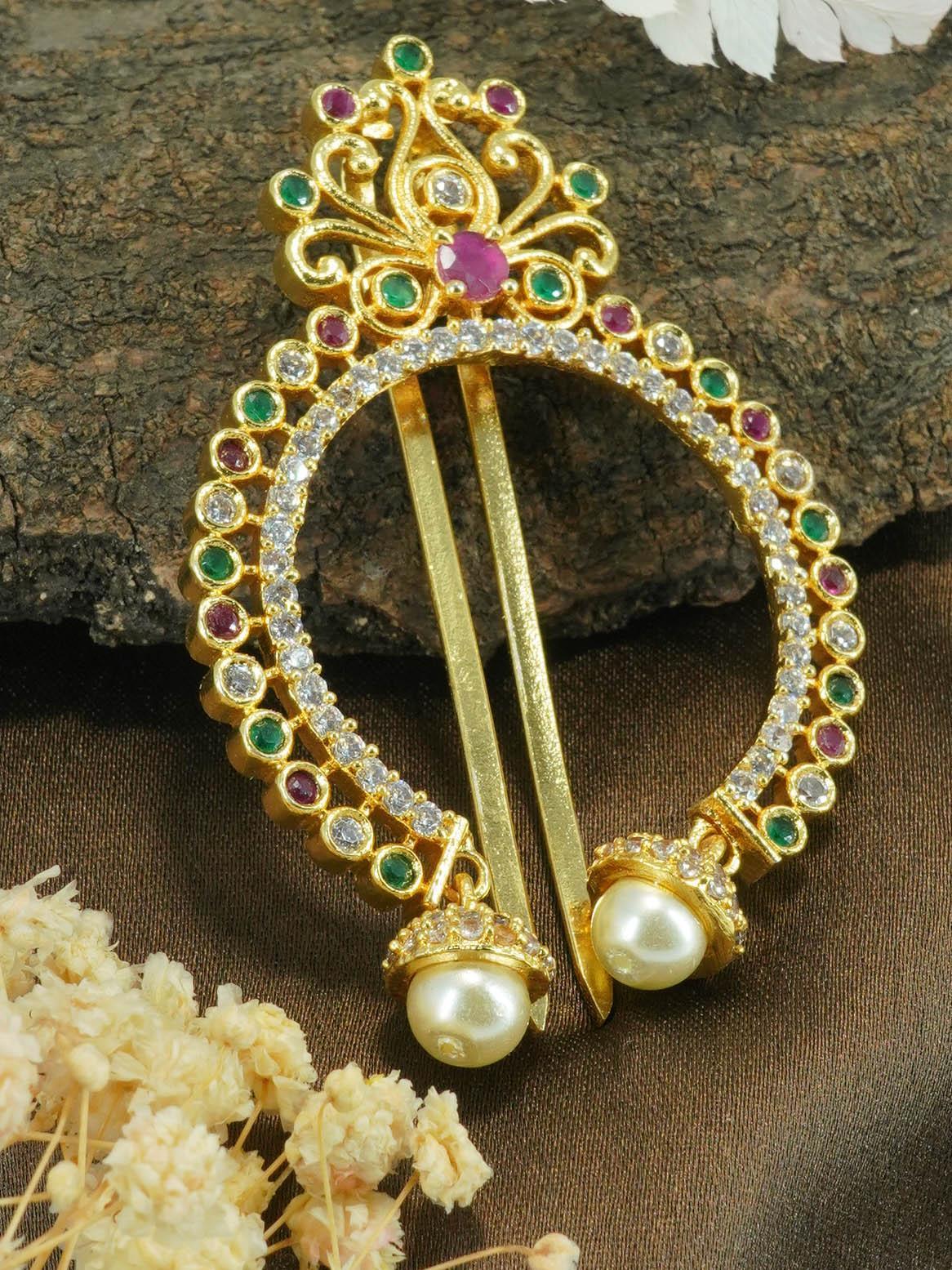 Gold plated Emerald Faux stone Studded Hair Pin Amboda Rakhdi