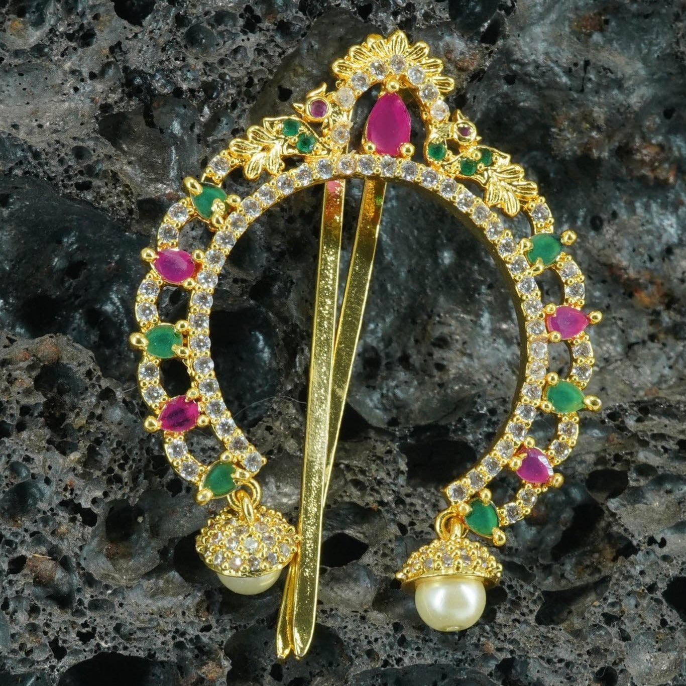 Gold plated Emerald Faux stone Studded Hair Pin Amboda Rakhdi