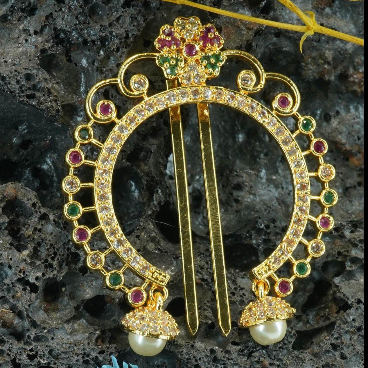 Gold plated Emerald Faux stone Studded Hair Pin Amboda Rakhdi