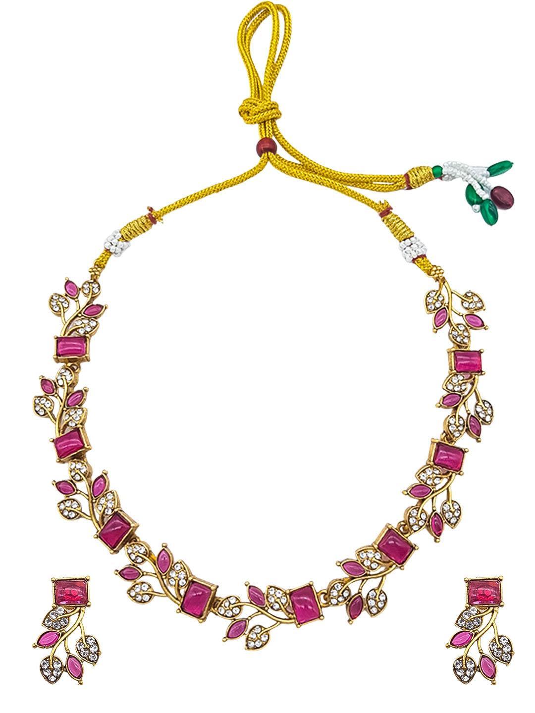 Gold plated Leaf motif Colored stones Necklace Set - Griiham