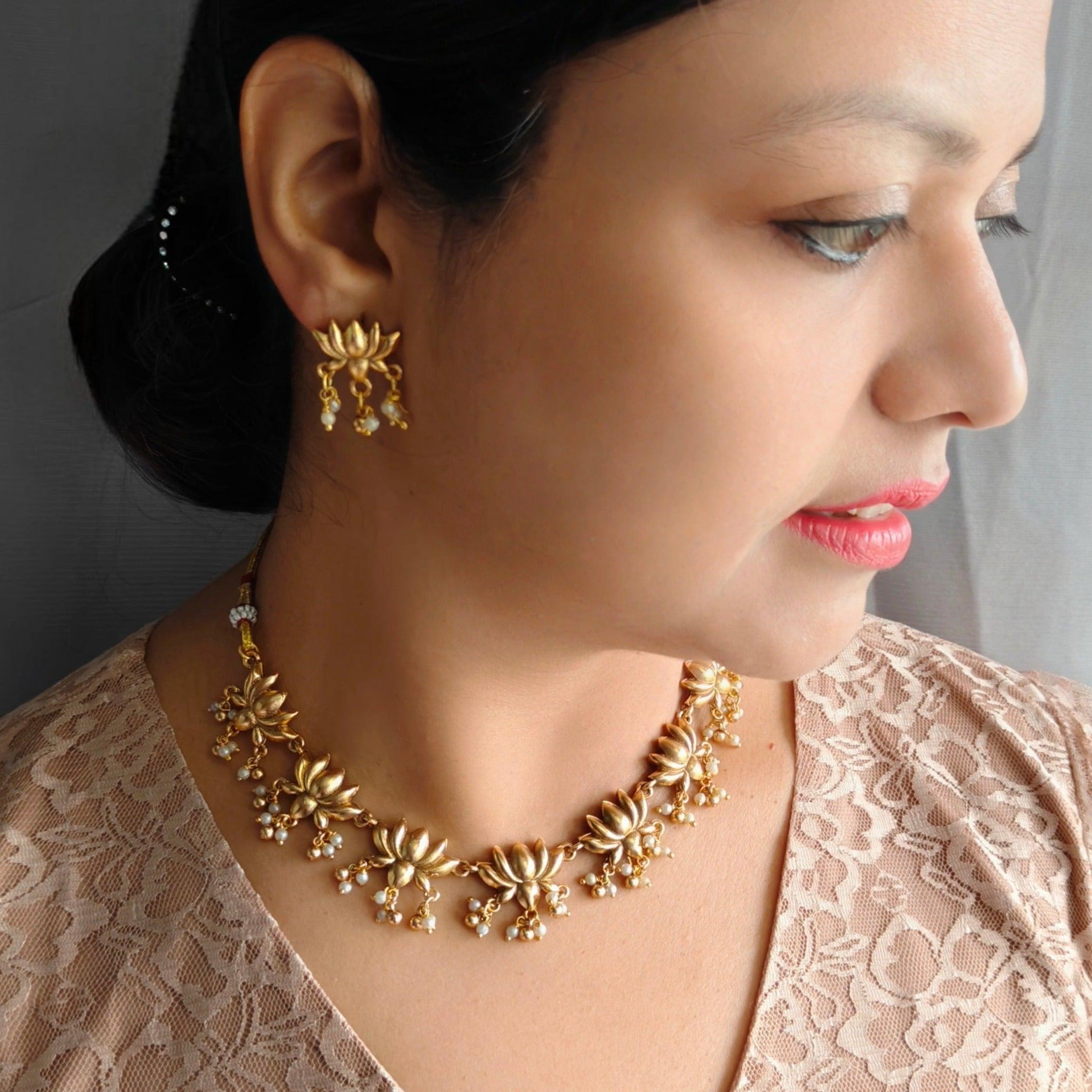 Gold plated Lotus with pearl Necklace Set - Griiham