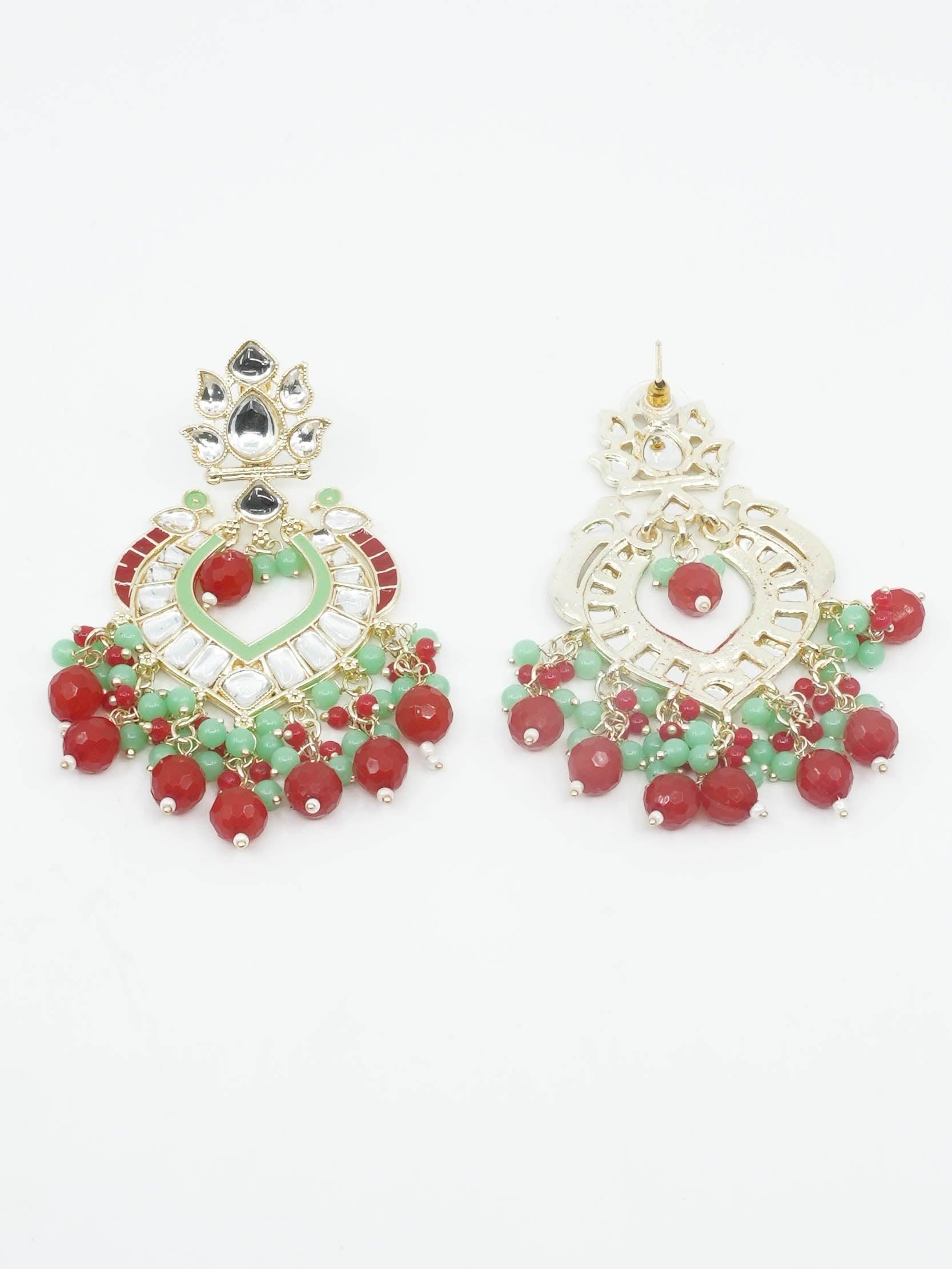 Gold plated Maroon and green kundan beeds Earring Jhumka - Griiham