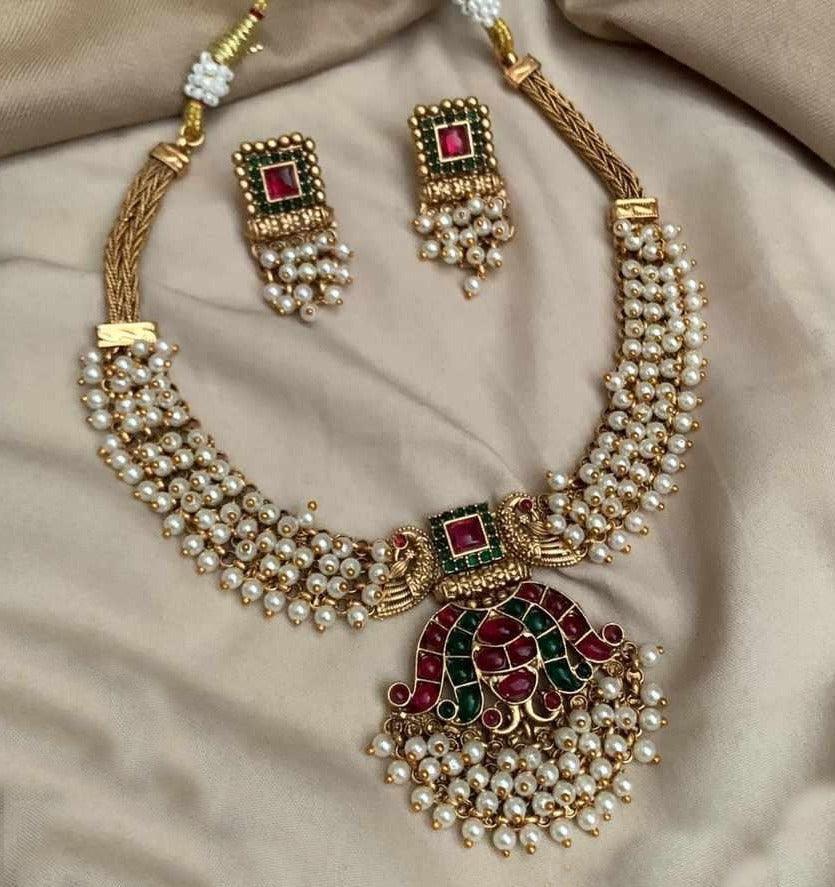 Gold plated Multicolor with pearl Necklace Set - Griiham