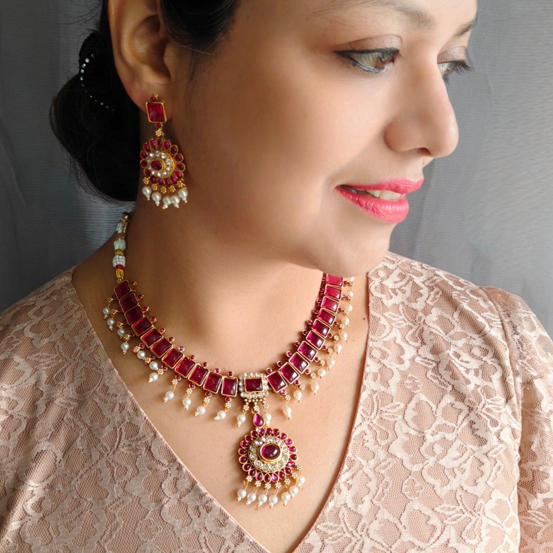 Gold plated Ruby Red colored stone Necklace Set - Griiham