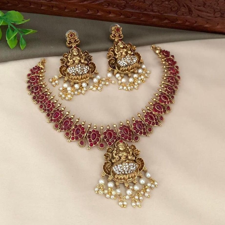 Gold plated Ruby Red colored stone Necklace Set - Griiham