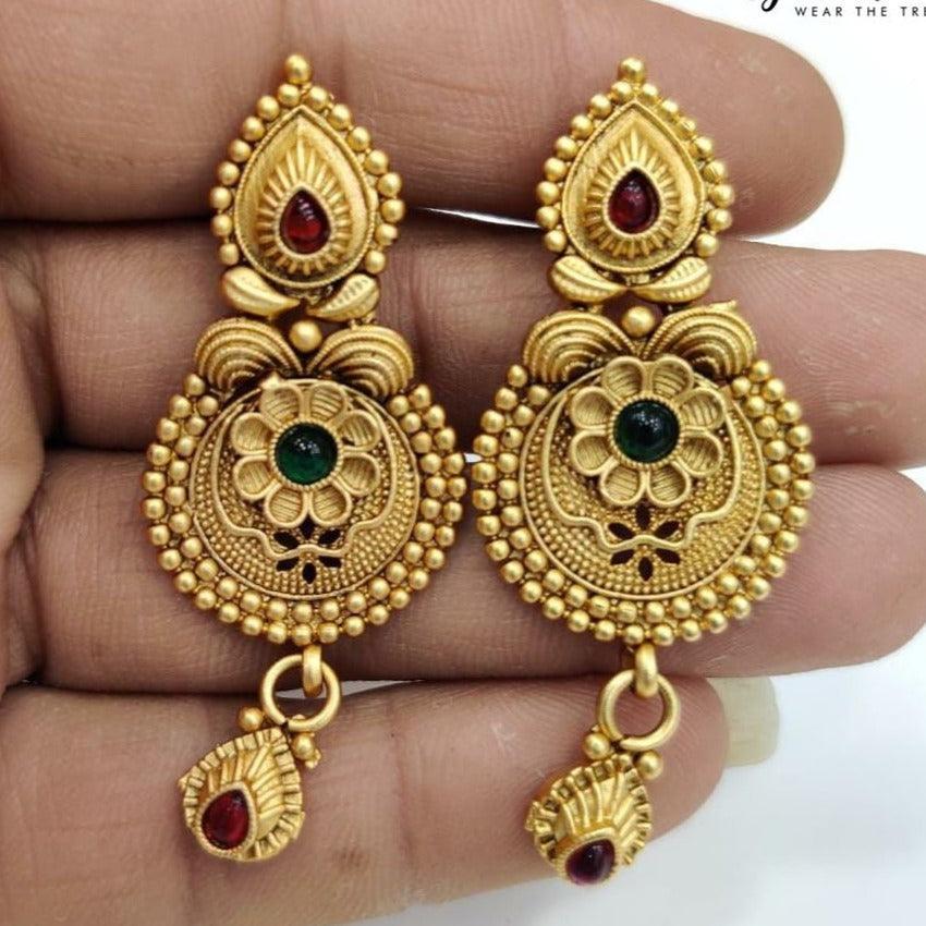 Gold plated Temple design Jhumka Earrings - Griiham