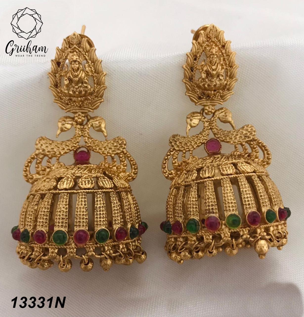 Gold plated Temple design Jhumka Earrings - Griiham