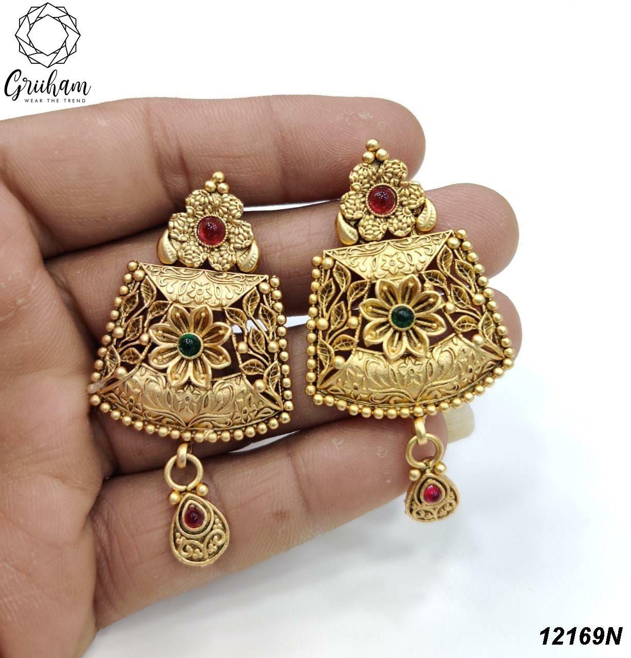 Gold plated Temple design Jhumka Earrings - Griiham