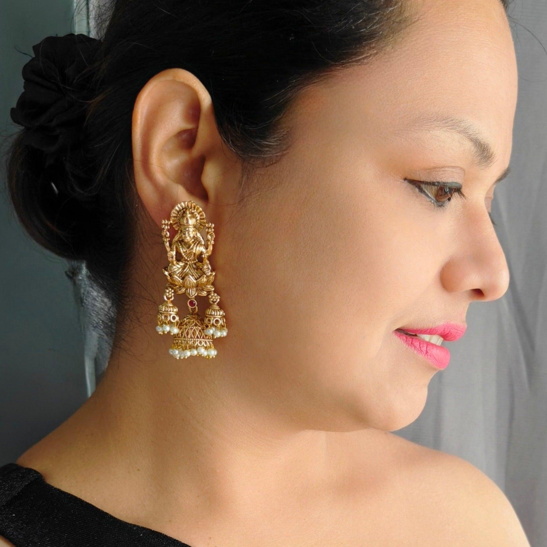 Gold plated Temple design Jhumka Earrings - Griiham