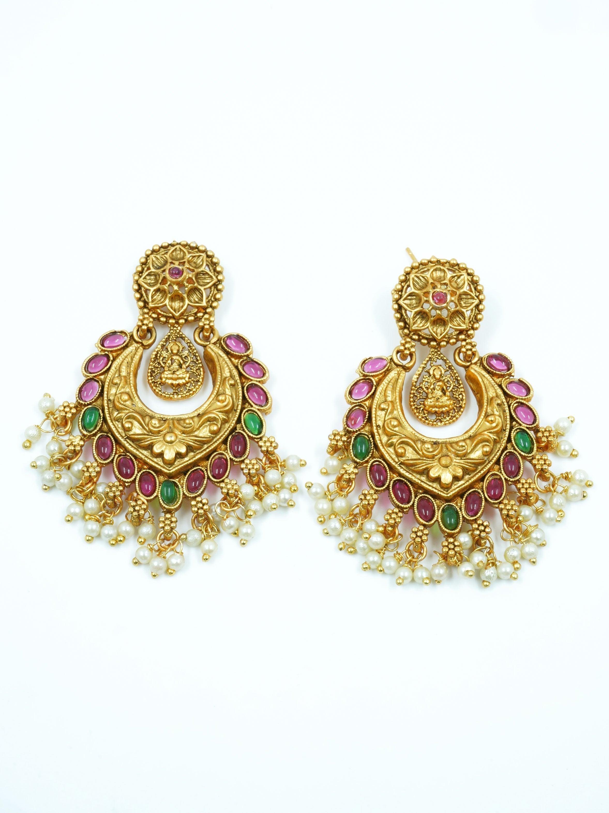 Gold plated Temple design Jhumka Earrings - Griiham