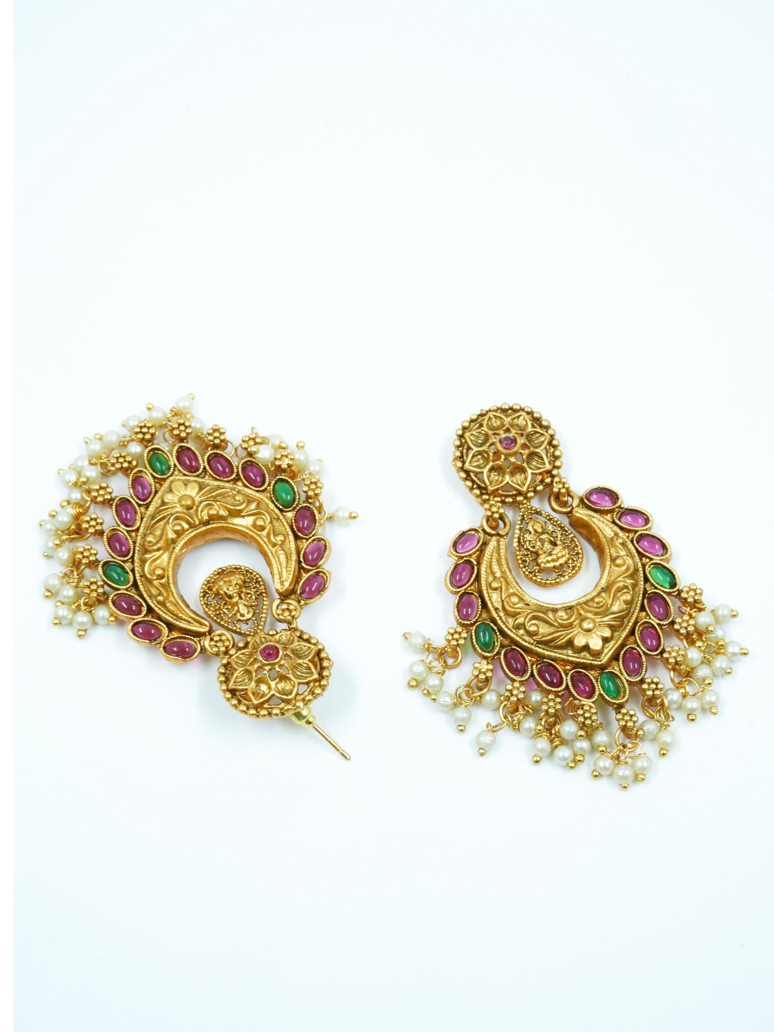 Gold plated Temple design Jhumka Earrings - Griiham