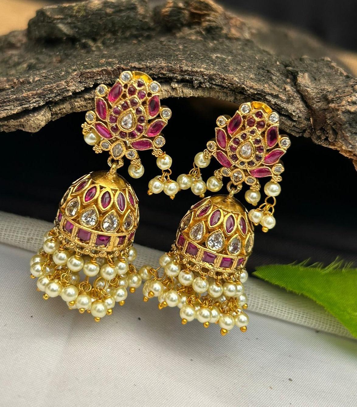 Gold plated Temple design Jhumka Earrings - Griiham