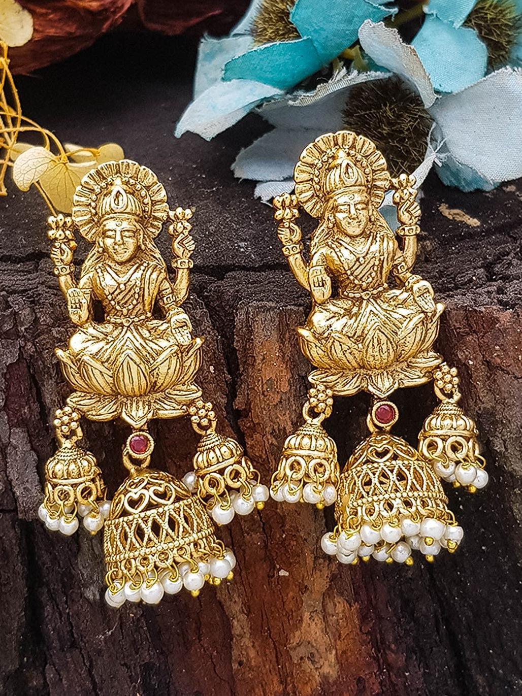 Gold plated Temple design Jhumka Earrings